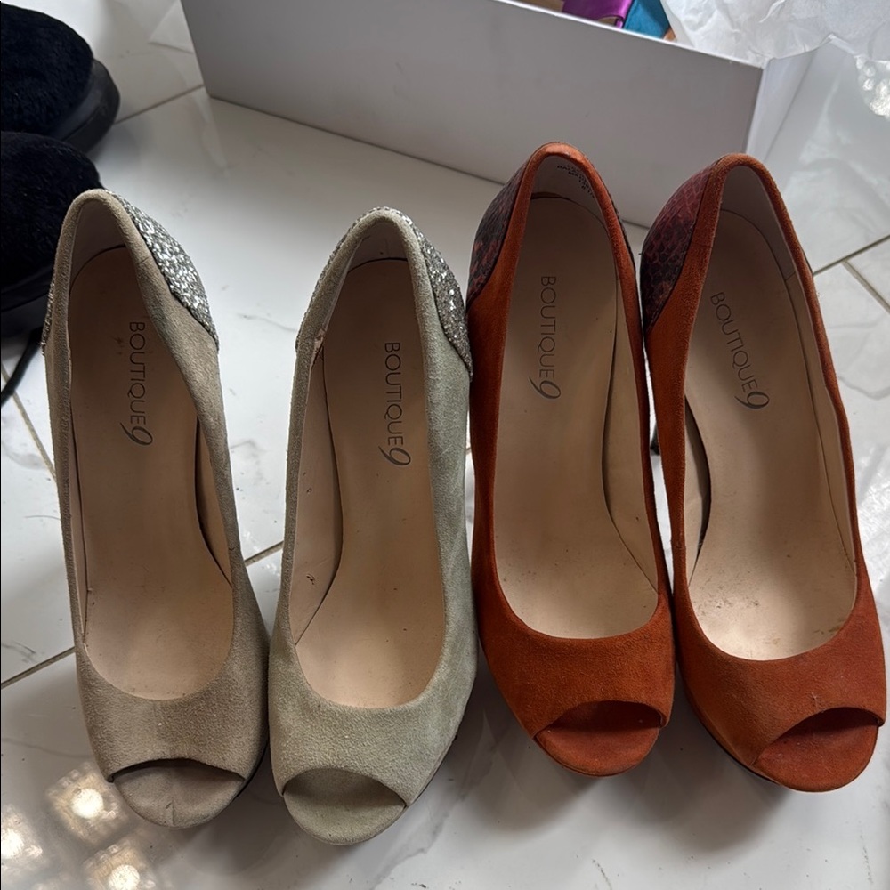 Two pair of Boutique 9 Women's Peep Toe Heels - Beige and Orange